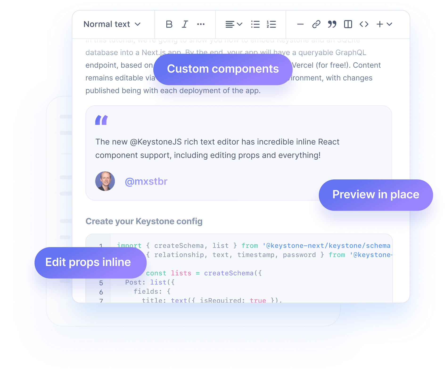 Keystone Document field containing Rich Text content including Twitter embed component, and syntax highlighted code block.